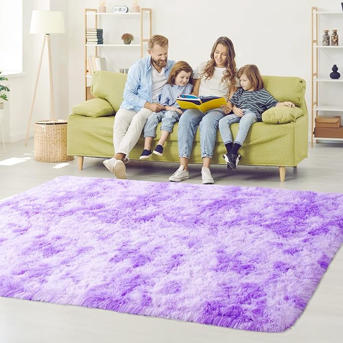 5x8 Tie Dyed Purple Fluffy Area Rugs for Bedroom, Soft Indoor Plush Rug for Living Room, Large Furry Fuzzy Shag Floor Carpet for Kids Nursery Boys Room Dorm Classroom Home Office Decor Mat