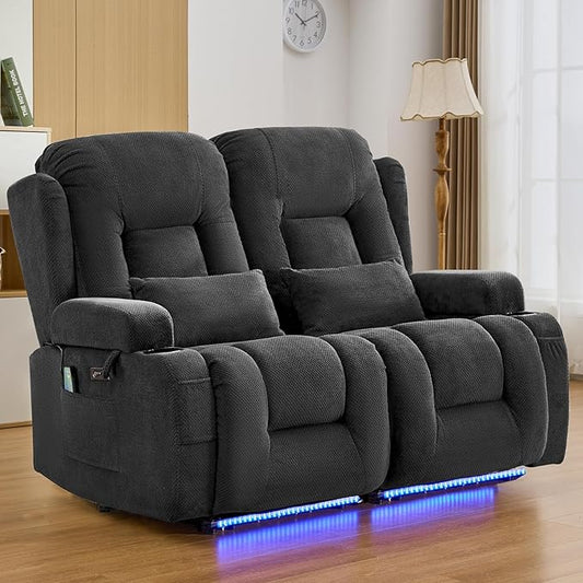 IPKIG 54" Power Reclining Loveseat Sofa, Electric Home Theater Seating with Console/4 Colors Ambient Lighting/USB Ports/Cup Holders for Living Room, Bedroom, Home, RVs (Charcoal, 2 Seater)