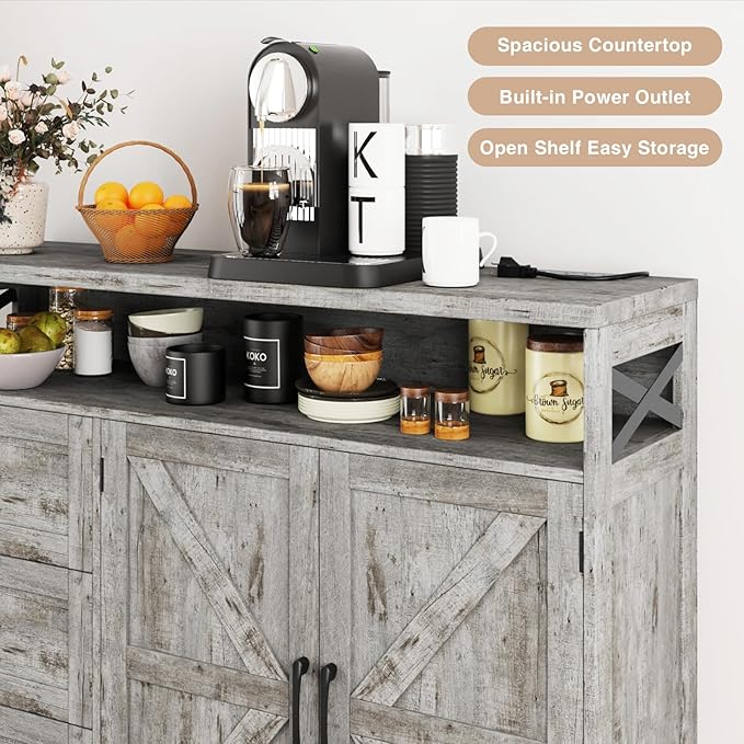47" Distressed Grey Farmhouse Storage Cabinet with Doors & Drawers, Sideboard Buffet Cabinet with Storage, Kitchen Pantry Hutch, Coffee Bar Station Table for Kitchen, Living Room, Dining Room