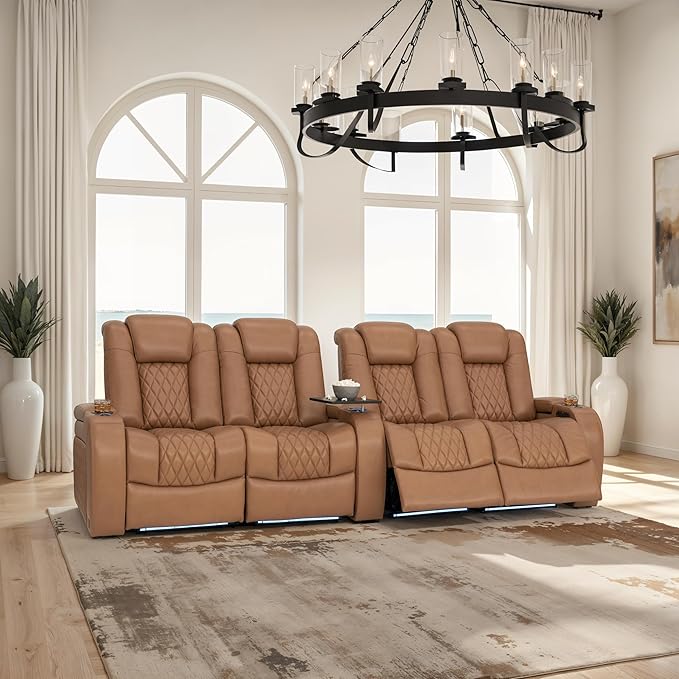 Seatcraft Diamante Zero-Gravity CoolZero Italian Leather Home Theater Seating, Power Headrest, Power Recline, Row of 4 Dual Loveseats, Tan Oak