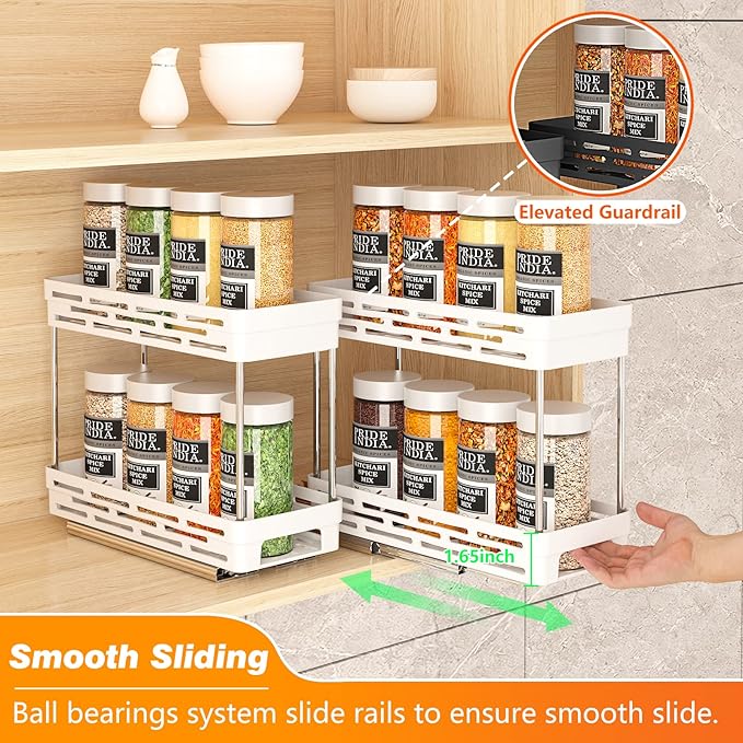 Pull Out Spice Rack Organizer for Cabinet, 2 Pack Slide Out Spice Racks Organizer, Spice Cabinet Organizers, Cabinet Size Need:12'' Highx11'' Deepx5'' Wide,Hold 10 Spice Jar Each Tier-2Tier, White