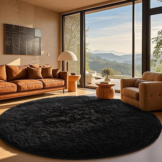 Ophanie Round Rug 8Ft Black Circle Area Rug, Room Decor for Men, Fluffy Fuzzy Bedroom Carpet, Plush Soft Shaggy Living Room Rugs for Kids Home Decor Aesthetic, Nursery