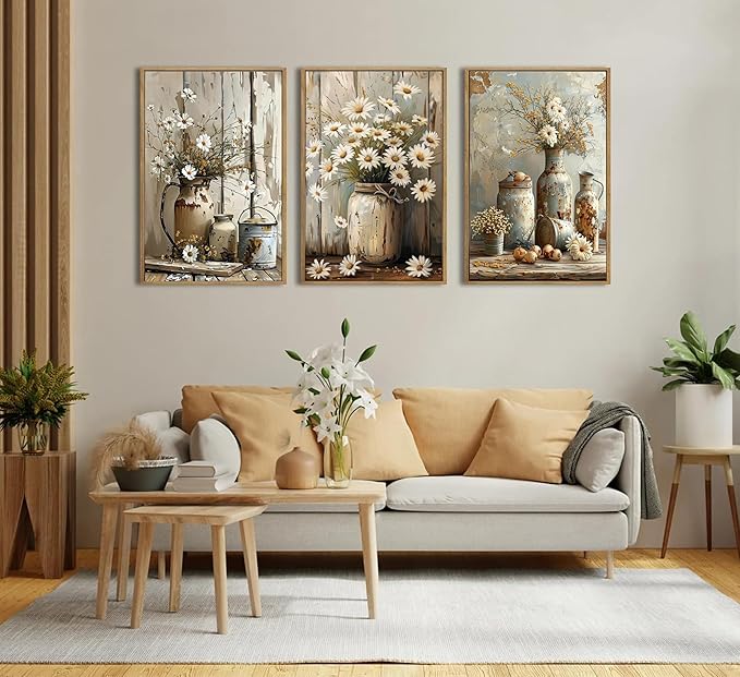Rustic Farmhouse Daisy Flower Canvas wall art Vintage Country Floral Poster Print Artwork Modern Still Life Nature Botanical Wall Decor for Bedroom, Living Room Bathroom Scene Furniture Decoration