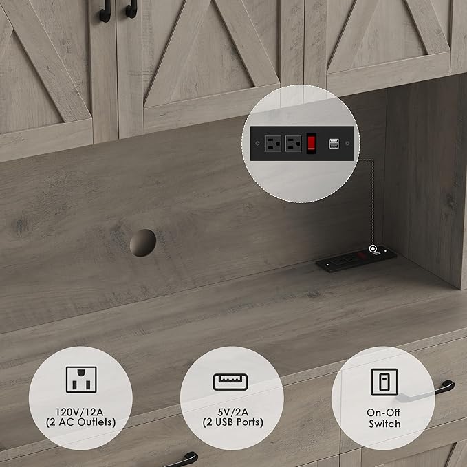 HOSTACK 71" Pantry Cabinet with Charging Station, Tall Kitchen Pantry Storage Cabinet with Microwave Stand, Farmhouse Kitchen Hutch with Storage Drawers for Living Room, Dining Room, Ash Grey