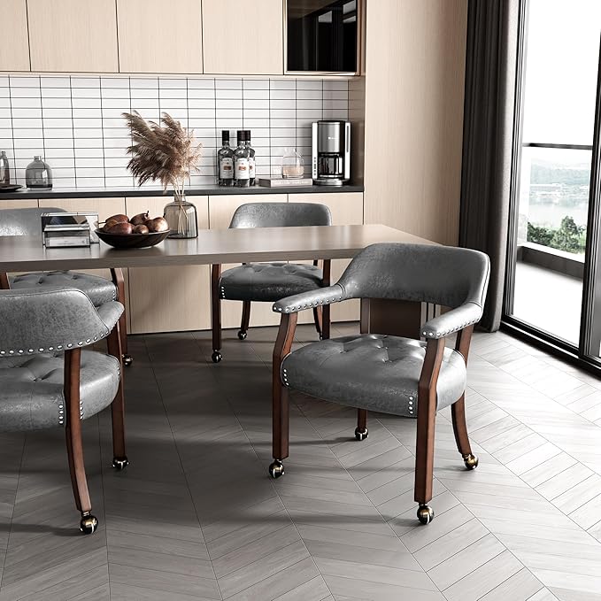 MODERION Modern Classic Dinning Chairs with Wheels and Arms, Office Desk Chairs, 31.5H for Living Room, Gray, Rubber Wood, Suede, Memory Foam, 260 lbs Capacity