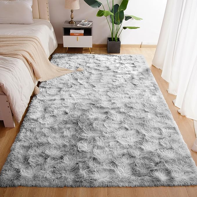 3x5 Light Grey Small Throw Rug for Entryway Non Slip, Mini Fluffy Grey Rugs for Bedroom, Plush Furry Cozy Front Entrance Indoor Floor Carpet Home Decor Aesthetic Nursery