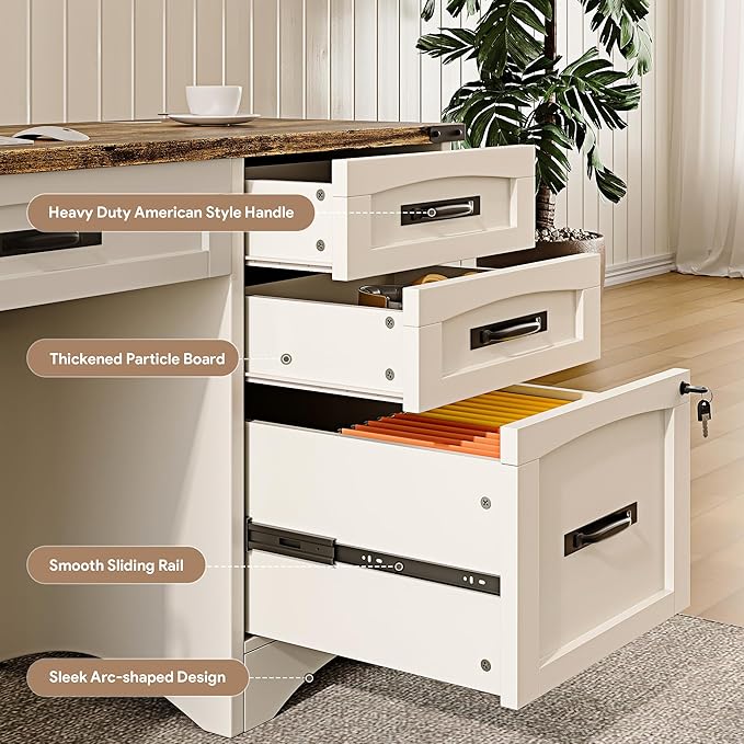 Farmhouse Executive Desk with Drawers, 55" Home Office Desks with Fast Charging Station, Lockable File Cabinet, Wood Writing Computer Desk for Work, Study, White