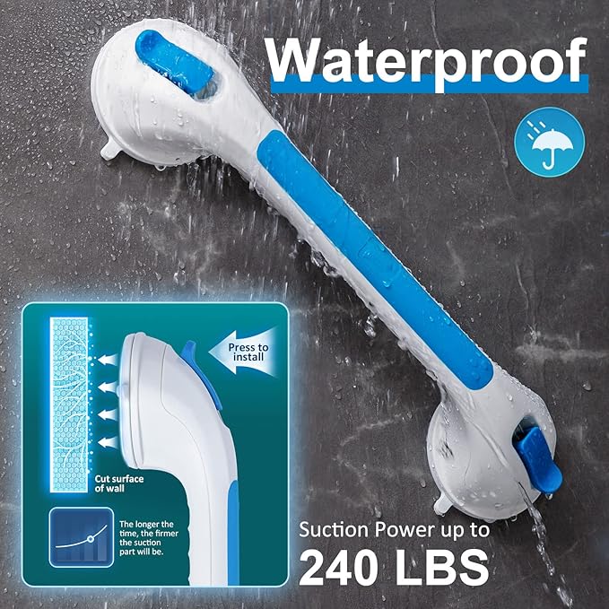 TAILI Shower Grab Bar 2 Pack Suction Grab Bars for Bathtubs and Showers, Heavy Duty Shower Handle Removable Bathroom Safety Grip for Seniors and Elderly, Shower Handrails No Drilling Waterproof, Blue