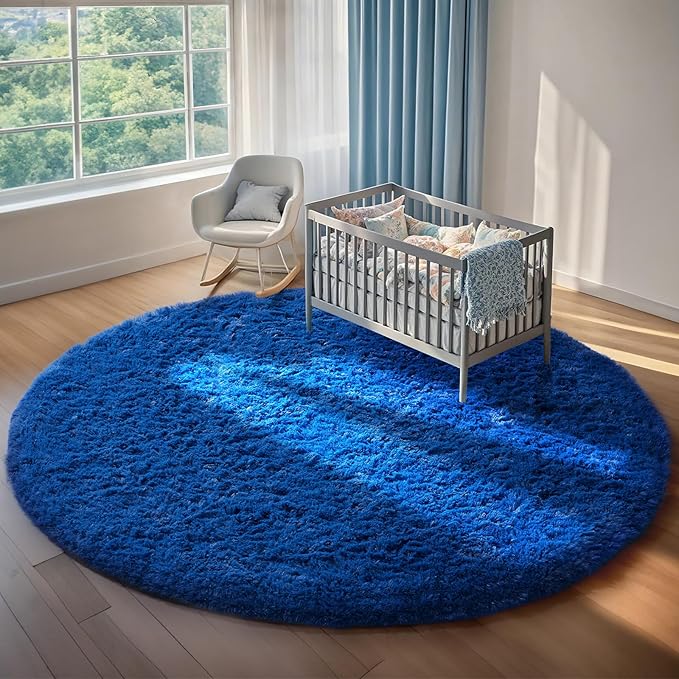 Ophanie Round Rug 8Ft Blue Circle Area Rug, Boys Room Decor, Fluffy Fuzzy Bedroom Carpet, Plush Soft Shaggy Living Room Rugs for Kids Home Decor Aesthetic, Nursery