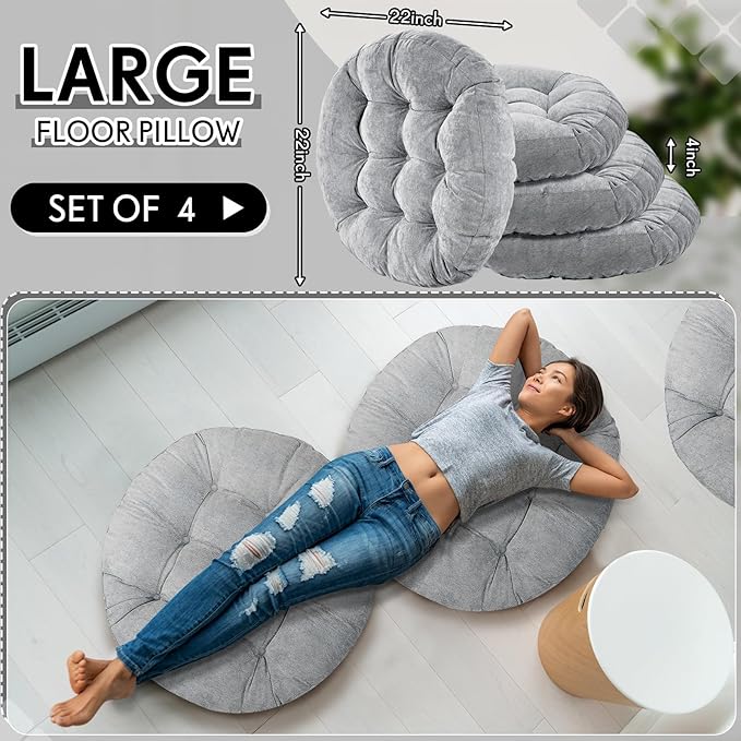 Jerify 4 Pcs Floor Pillow Cushions 22 x 22 Inch Round Square Large Meditation Floor Pillow for Classroom Adult Meditation Picnic Party Cushion for Seating Gift Christmas(Light Grey,Round)