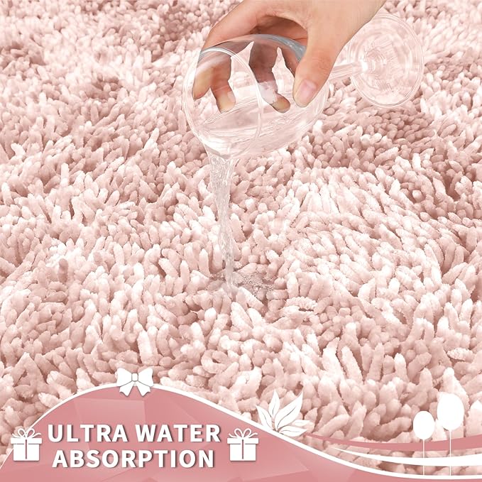 Yimobra Toilet Rugs U Shaped Washable, Extra Thick Soft Absorbent Chenille Contour Bathroom Rugs for Toilet 24x24 Inch, Quick Dry Non Slip Toilet Mat for Bath Floor, Pink