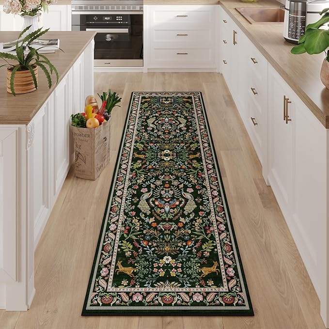 Runner Rug Washable Kitchen Runner 2'6''x8' Rug for Entryway Indoor Floral Non-Slip Soft Carpet for Hallways, Kitchen, Laundry, Bedroom, Bathroom (Emerald Green)