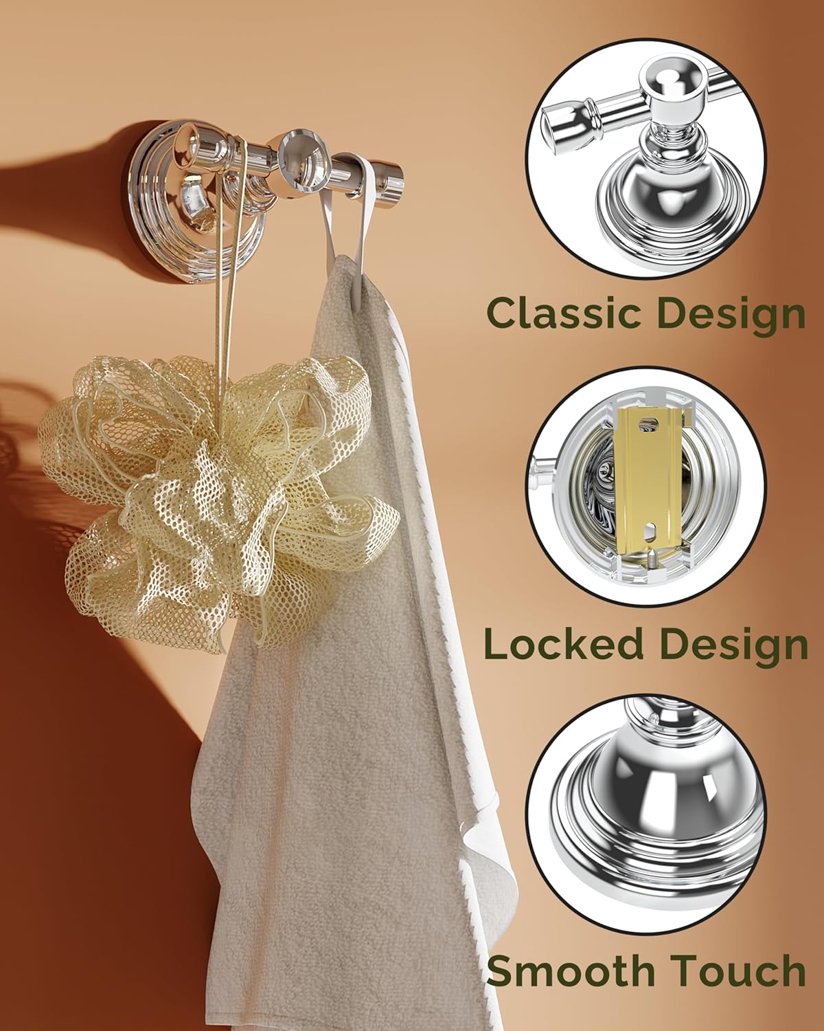 Towel Hook for Bathrooms, Stainless Steel Robe Coat Hook Wall Mount, Heavy Duty Towel Hanger for Kitchen, Bedroom or RV (Chrome)