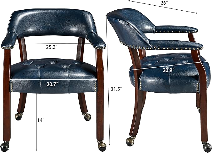 MODERION Dining Chairs with Wheels and Arm, Caster Boss Captain's Chairs with Solid Wood Leg, Office Desk Chairs with Button Upholstered, Classic Swivel Chair, 31.5”H Cherry Walnut Leg & Blue SY1533LB