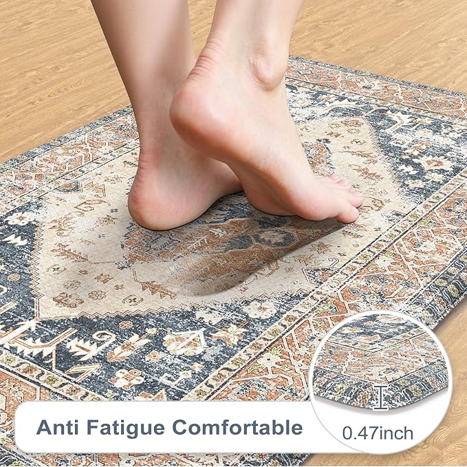 KIMODE Anti Fatigue Kitchen Mats for Floor, Boho Kitchen Rugs Sets of 2, Non Slip Waterproof Kitchen Floor Mat, Ergonomic Cushioned Standing Mat for Sink Laundry Desk Blue Glod 20"x59"+20"x32"