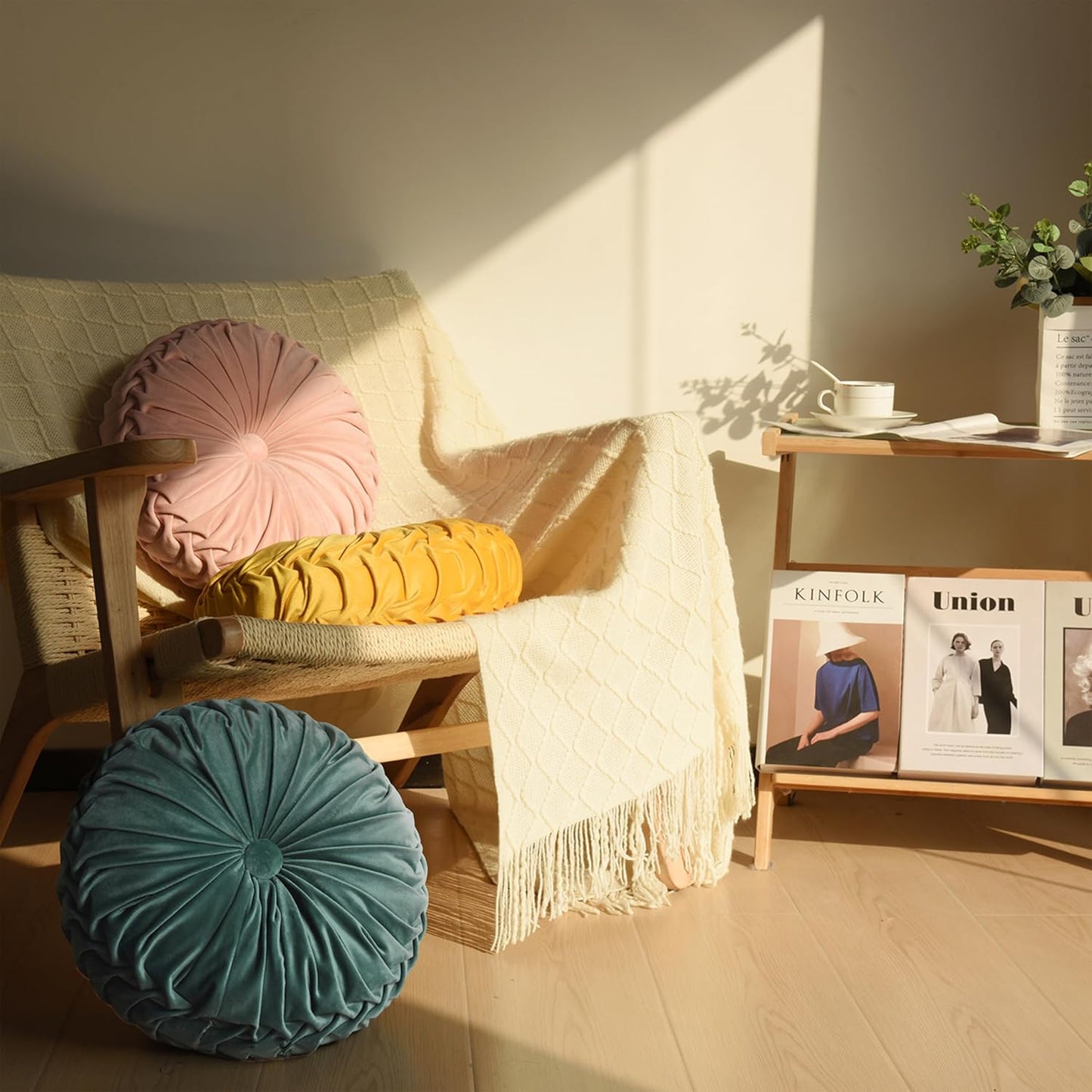 HIG Set of 2 Aqua Ruched Velvet Round Throw Pillows – 14.5’’ Decorative Pillows with Soft Polyester Filling for Couch, Bed, Living Room, Bedroom, or Dorm – Handmade, Stress Relieving, All-Season