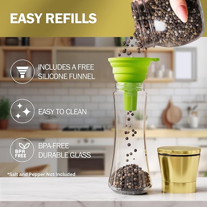 Home EC Original Gold Salt and Pepper Grinder Set of 2 - Adjustable Ceramic Grinder - Tall Glass Salt and Pepper Shakers With Funnel and Ebook - Kitchen Spice Mill - Gold Kitchen Accessories