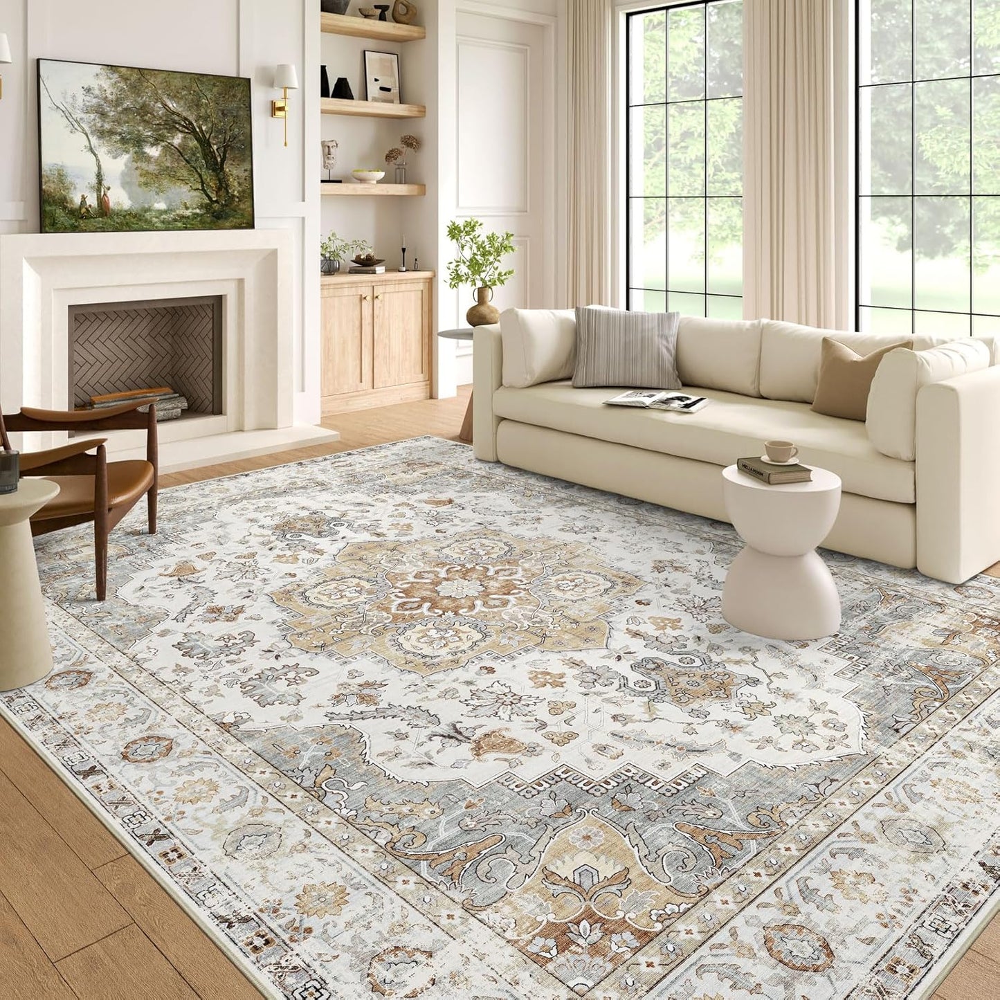 6x9 Area Rug for Living Room - Large Oriental Washable Rugs for Bedroom Non-Slip Tan Cream Stain Resistant Dining Room Rug Farmhouse Low-Pile Carpet Soft Vintage Rug for Office Guest Room