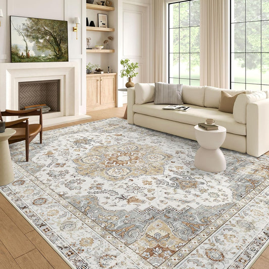 6x9 Area Rug for Living Room - Large Oriental Washable Rugs for Bedroom Non-Slip Tan Cream Stain Resistant Dining Room Rug Farmhouse Low-Pile Carpet Soft Vintage Rug for Office Guest Room