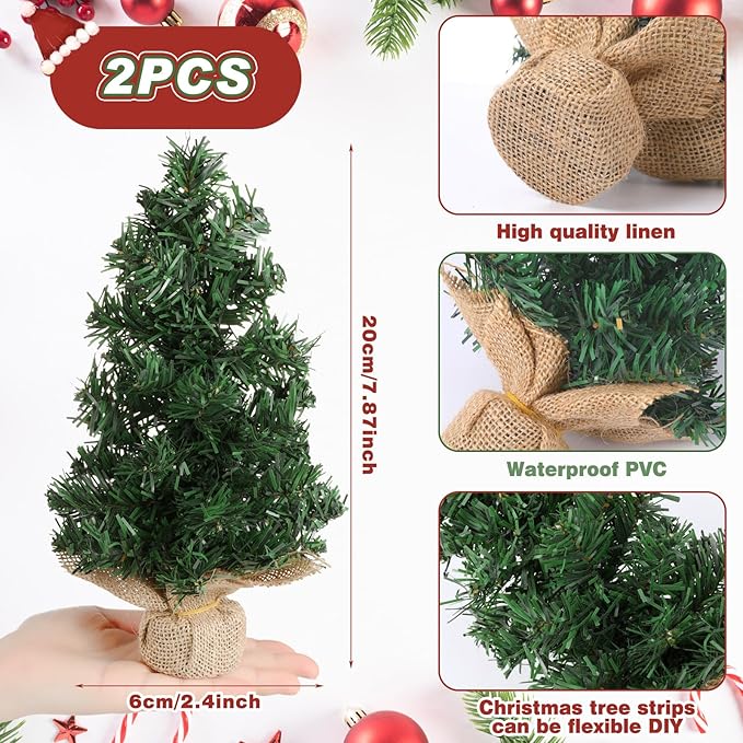 Yinder Tabletop 2 Pcs Mini Christmas Tree 7.87 Inch Artificial Mini Xmas Miniature Pine Christmas Tree with Linen Base for Xmas Holiday Decorations Indoor Home Kitchen Dining Table