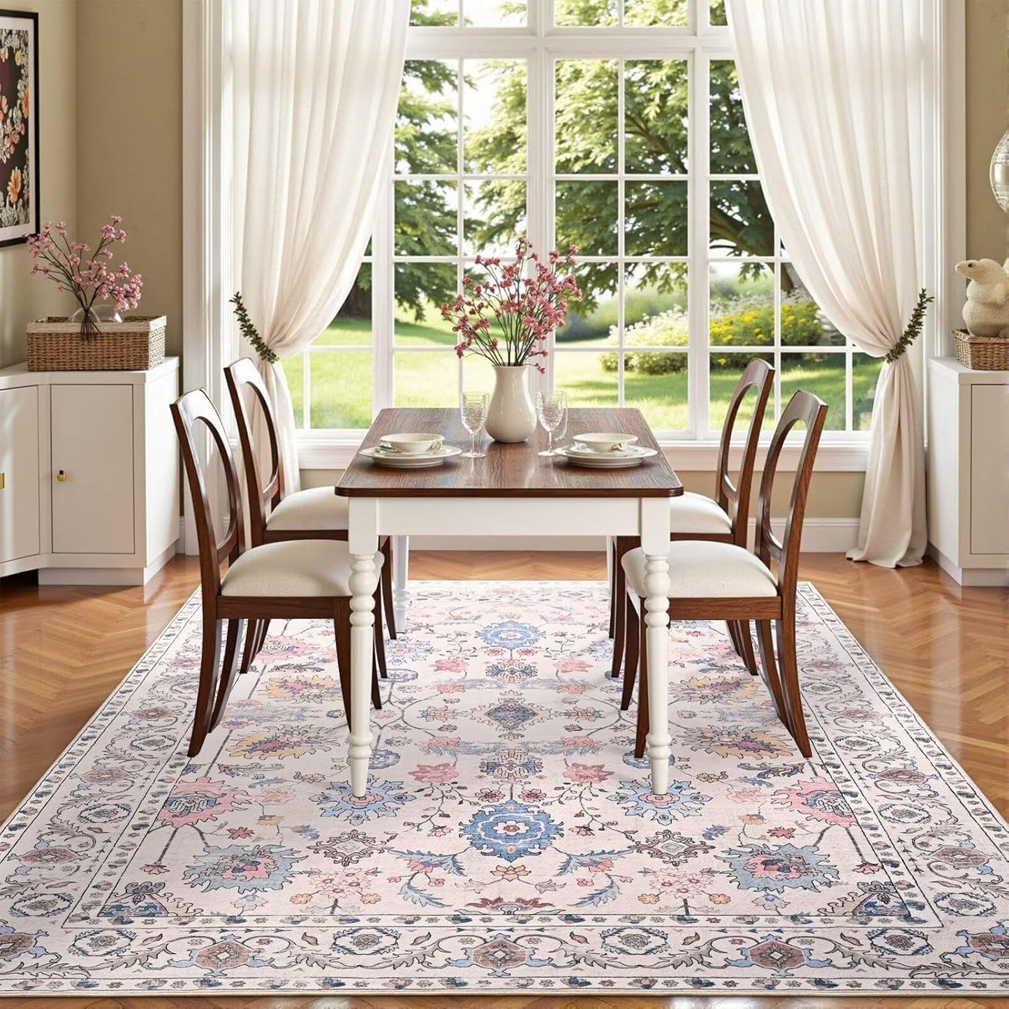 Vasofe 5x7 Rug for Bedroom, Washable Living Room Rugs for Dining Room, Cream Indoor Floor Mat, Vintage Floral Mats for Home Decor, Farmhouse, Laundry Room, Non Slip Low Pile Soft Modern Carpet