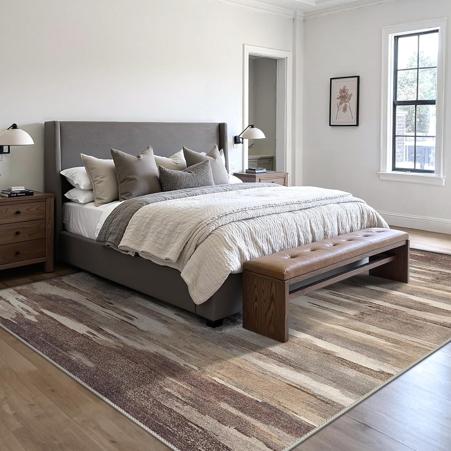 Area Rugs 8x10 Machine Washable Rug for Bedroom Living Room Dining Room, Large Modern Abstract Soft Rugs, Indoor Low Pile Carpet with Non Slip Rubber Backing, Mocha Brown