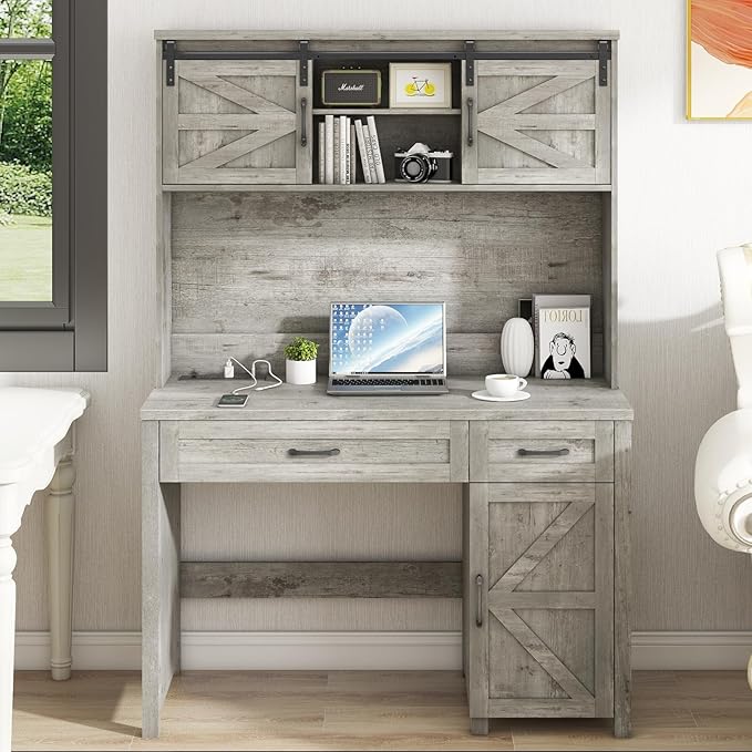 Farmhouse 47" Executive Desk, Computer Desk with Drawers and Storage Cabinet, Workstation with Hutch for Home Office