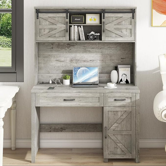 Farmhouse 47" Executive Desk, Computer Desk with Drawers and Storage Cabinet, Workstation with Hutch for Home Office