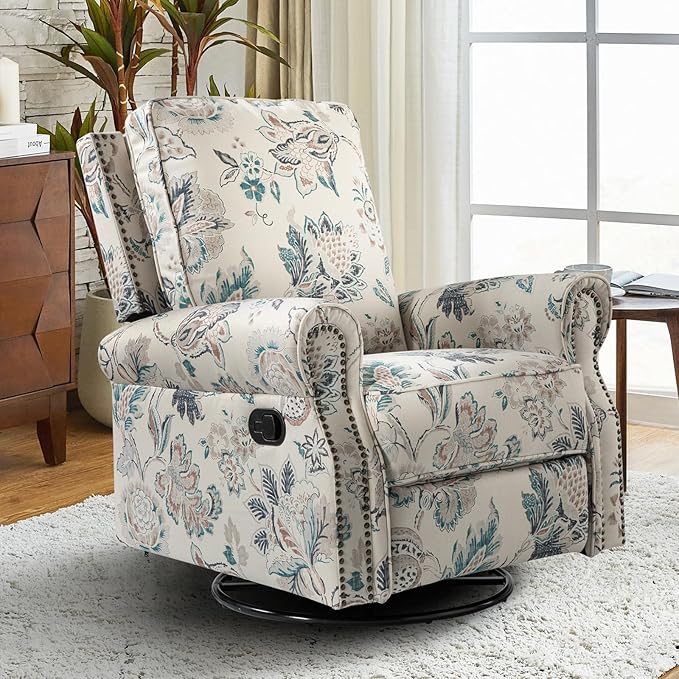 HULALA Home Modern Rocker Recliner, Printed Fabric Swivel Glider with Adjustable Backrest & Footrest, Teal