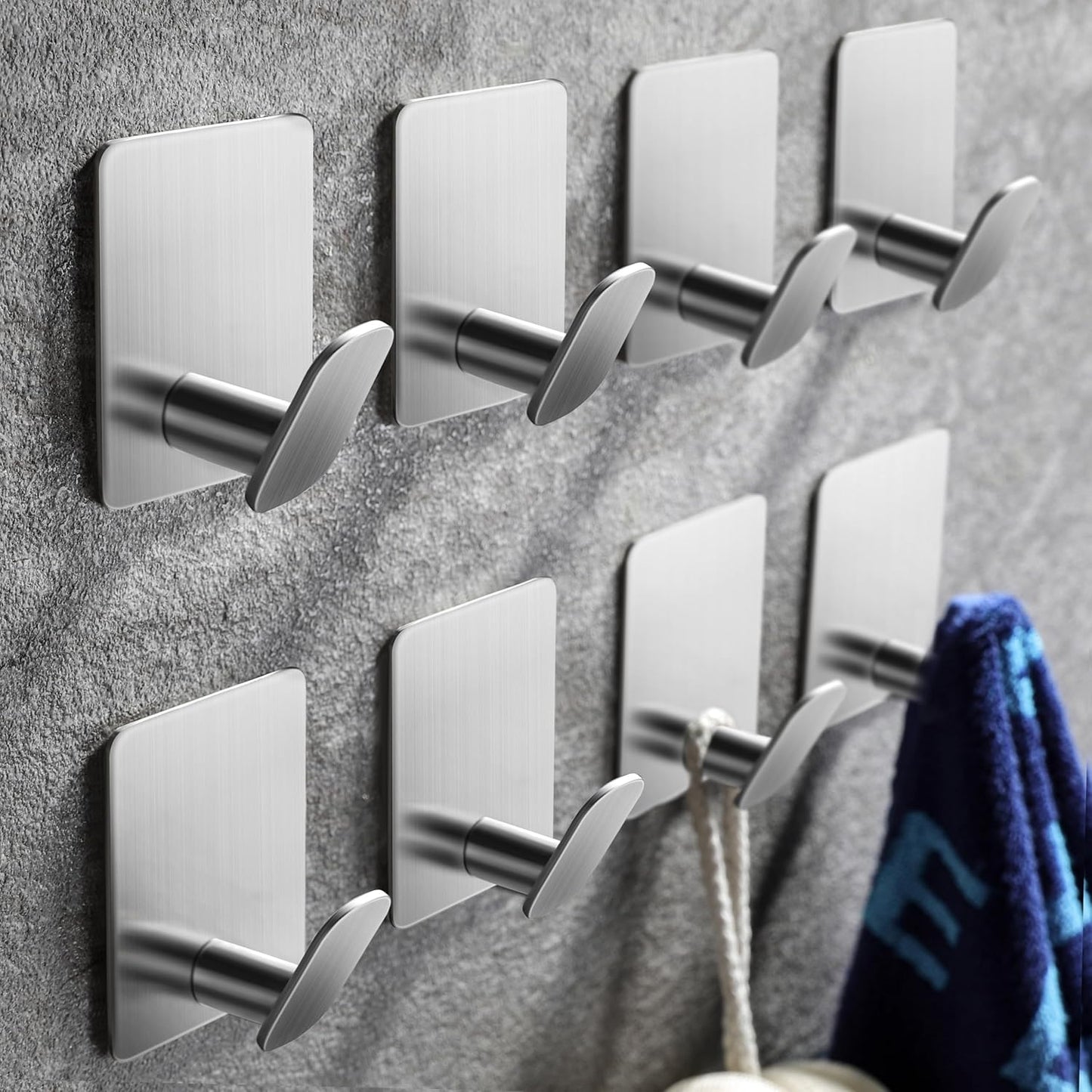 DELITON Towel Hooks for Bathrooms - 8 Pack Adhesive Wall Hooks for Hanging Robe Coat Stick on Hook No Damage SUS 304 Stainless Steel, Silver