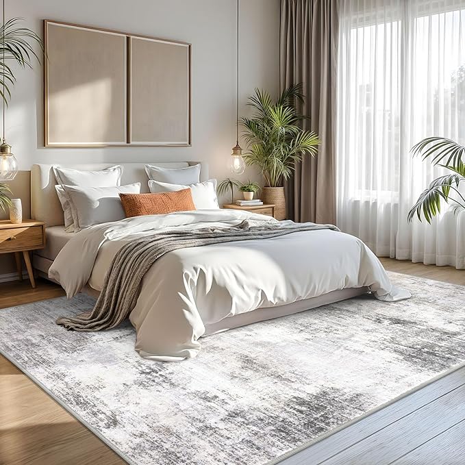 IOHOUZE Abstract Area Rugs 8x10 Ft Washable Large Rugs for Living Room, Non Slip Dining Room Rug, Printed Faux Wool Rugs for Bedroom, Floor Carpet for Office Nursery Playroom, Grey Beige