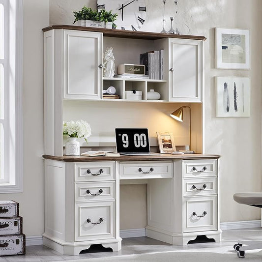 T4TREAM 59" Farmhouse Executive Desk with Hutch,Wood Home Office Computer Desk, Featuring Keyboard Tray,Charging Station,File Drawer, Storage Cabinet,for Work and Study (Antique White)