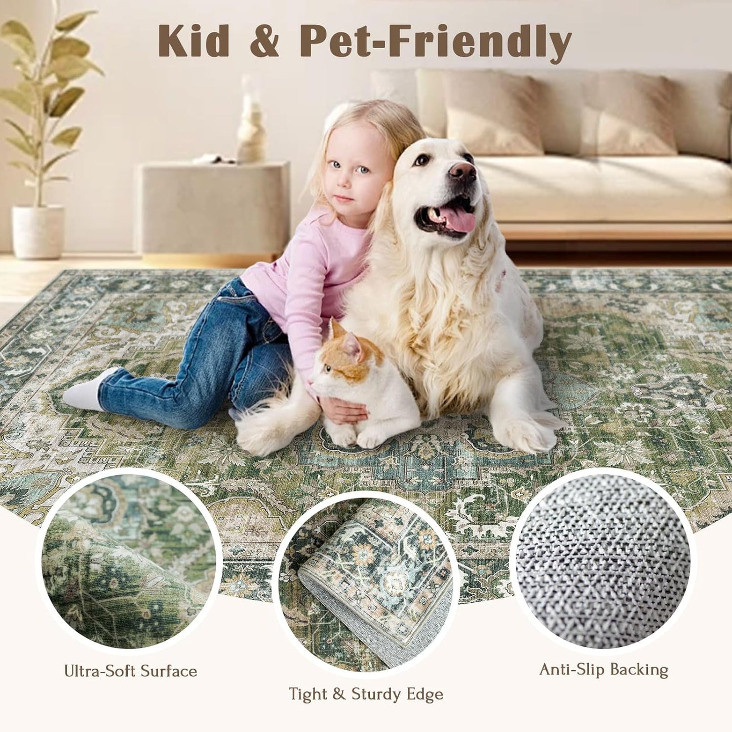 6x9 Area Rug for Living Room - Large Oriental Washable Rugs for Bedroom Non-Slip Moss Green Stain Resistant Dining Room Rug Farmhouse Low-Pile Carpet Soft Vinatge Rug for Office Guest Room