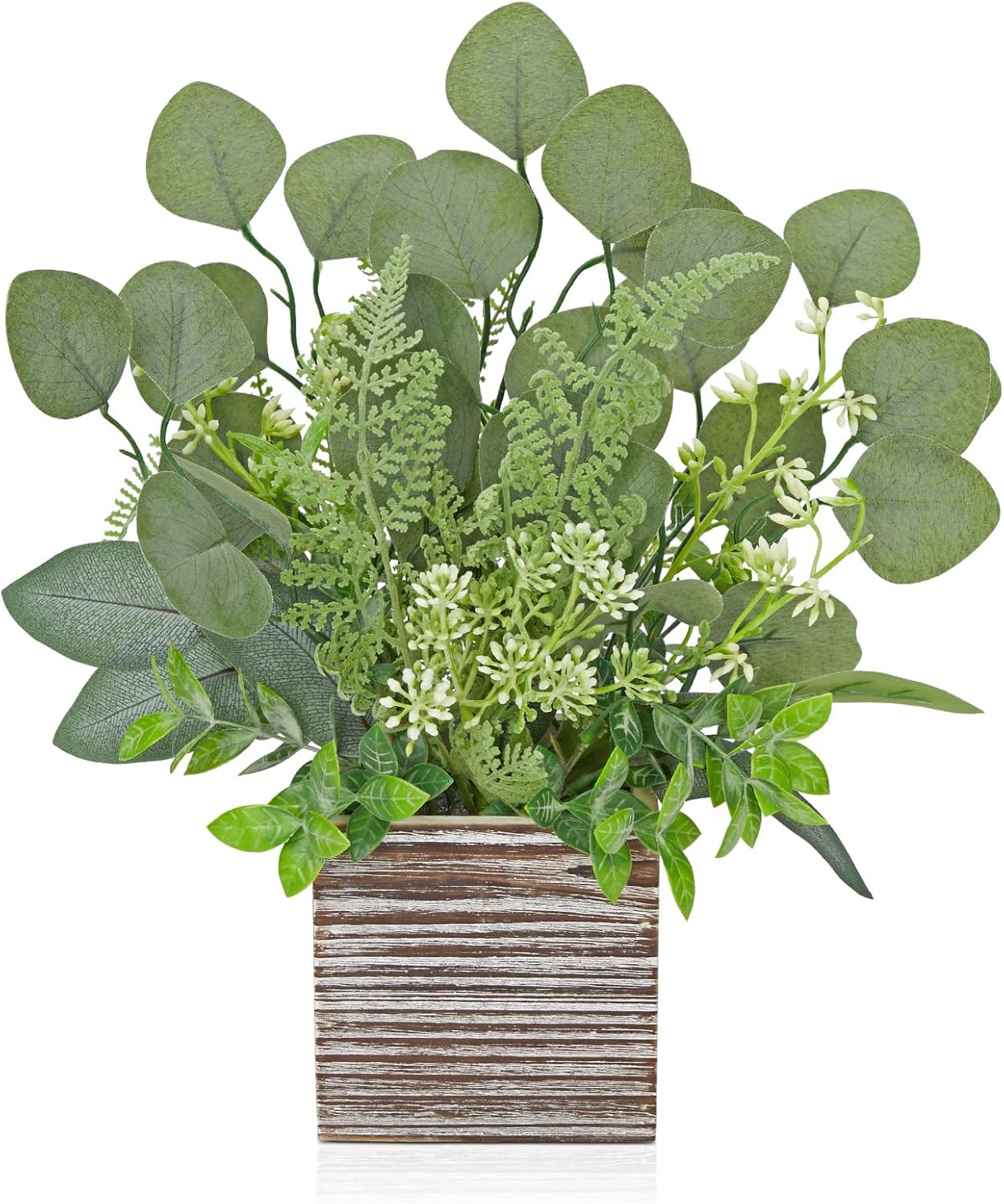Hollyone Artificial Eucalyptus Plant in Rustic Wood Planter 14" Faux Eucalyptus Fern Greenery Arrangement Potted Plant Centerpiece for Farmhouse Home Indoor Wedding Table Mantel Shelf Kitchen Decor