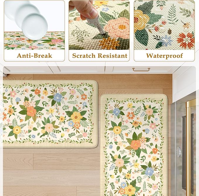 KIMODE Kitchen Mats for Floor Anti Fatigue, Beige Boho Kitchen Rugs Non Slip, Padded Kitchen Floor Mats, Memory Foam Kitchen Mats Cushioned, Standing Desk Mat for Laundry Office Sink 17"x47"+17"x29"