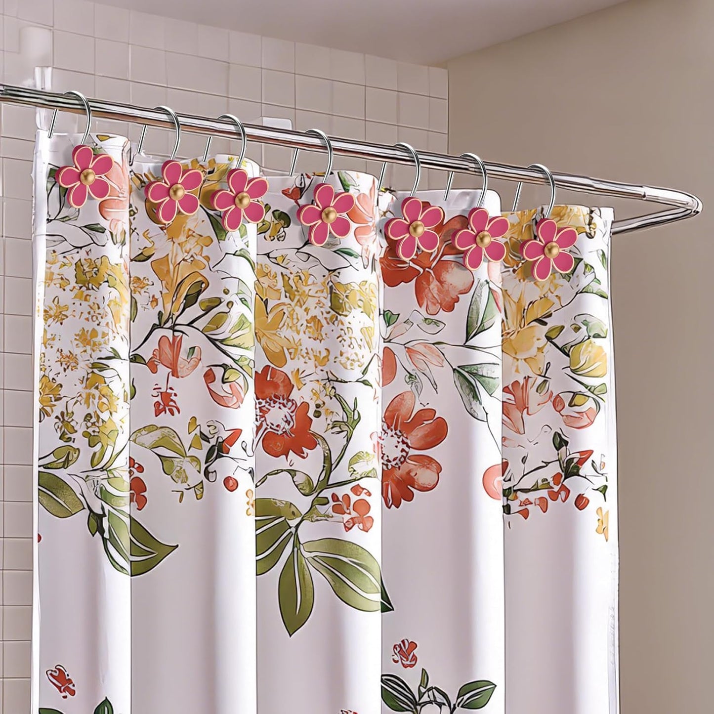 Cute Flower Shower Curtain Hooks, Pretty Floral Themed Elegant Bathroom Decor, Gold/Rose Red