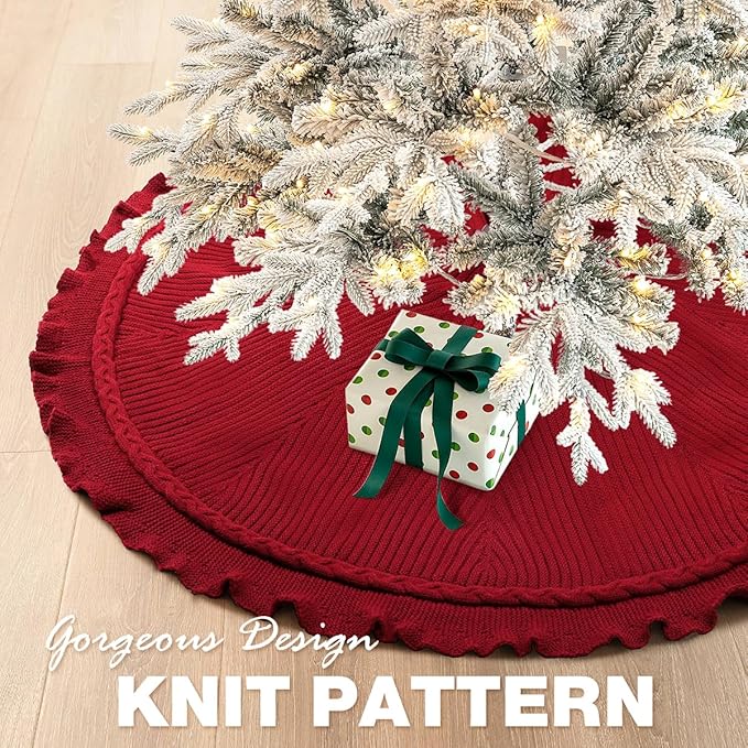 Hommtina Christmas Tree Skirt 48 Inches Red Tree Skirt,Christmas Tree Decorations Faux Fur Tree Skirt for Xmas Holiday Home Party Decorations Ornaments (Wave Red)