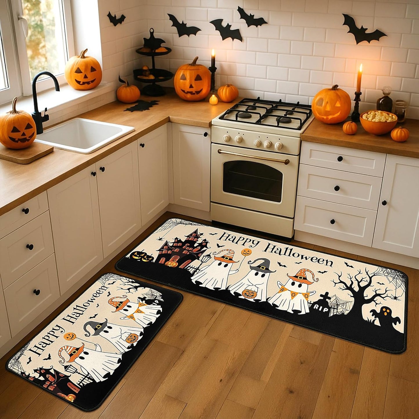 2 Piece Halloween Kitchen Decor Rugs Set,Cute Ghost Kitchen Rugs and Mats Non Skid Washable Absorbent Kitchen Accessories Decoration Floor Mats 17"x47"+17"x30"