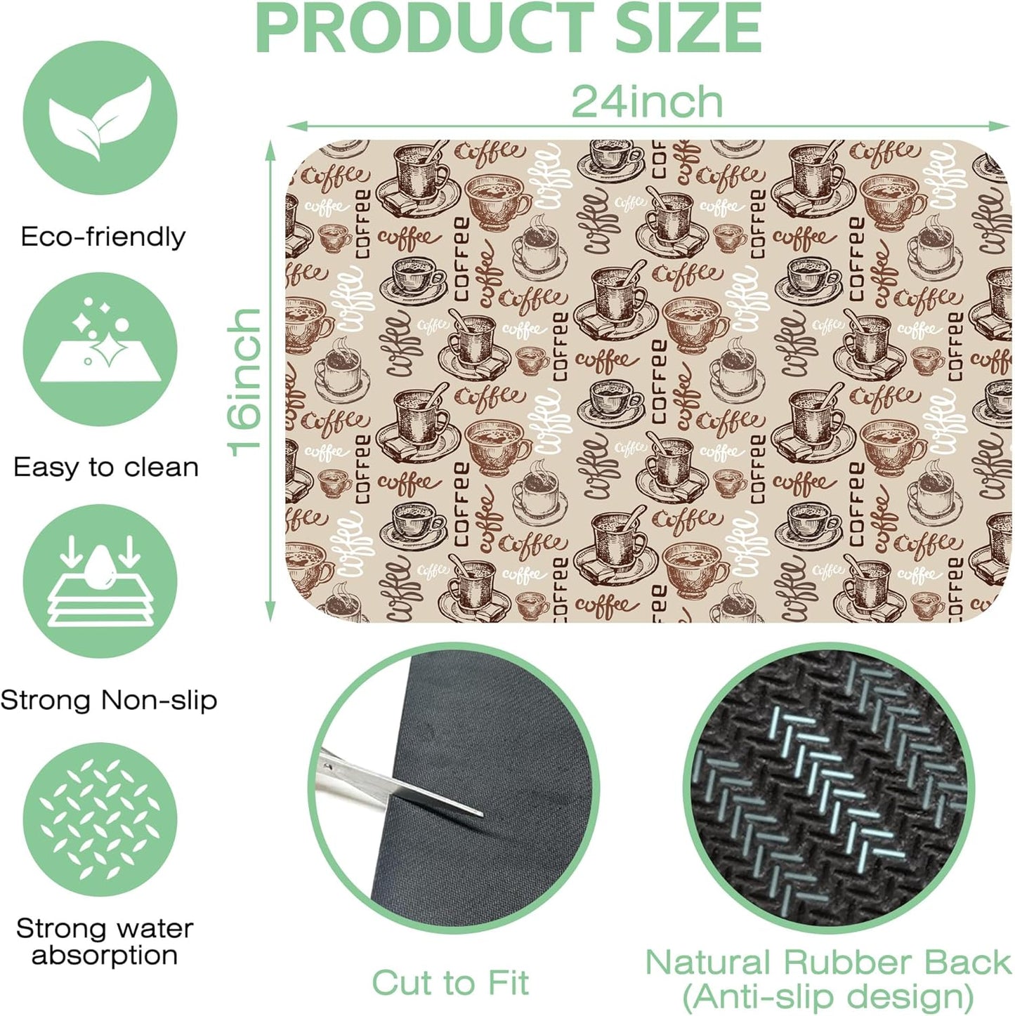 Doodle Coffee Cup Dish Drying Mat,16"X24" Absorbent Fast Dish Drying Mat for Kitchen Counter Pot and Pan, Kitchen Accessories