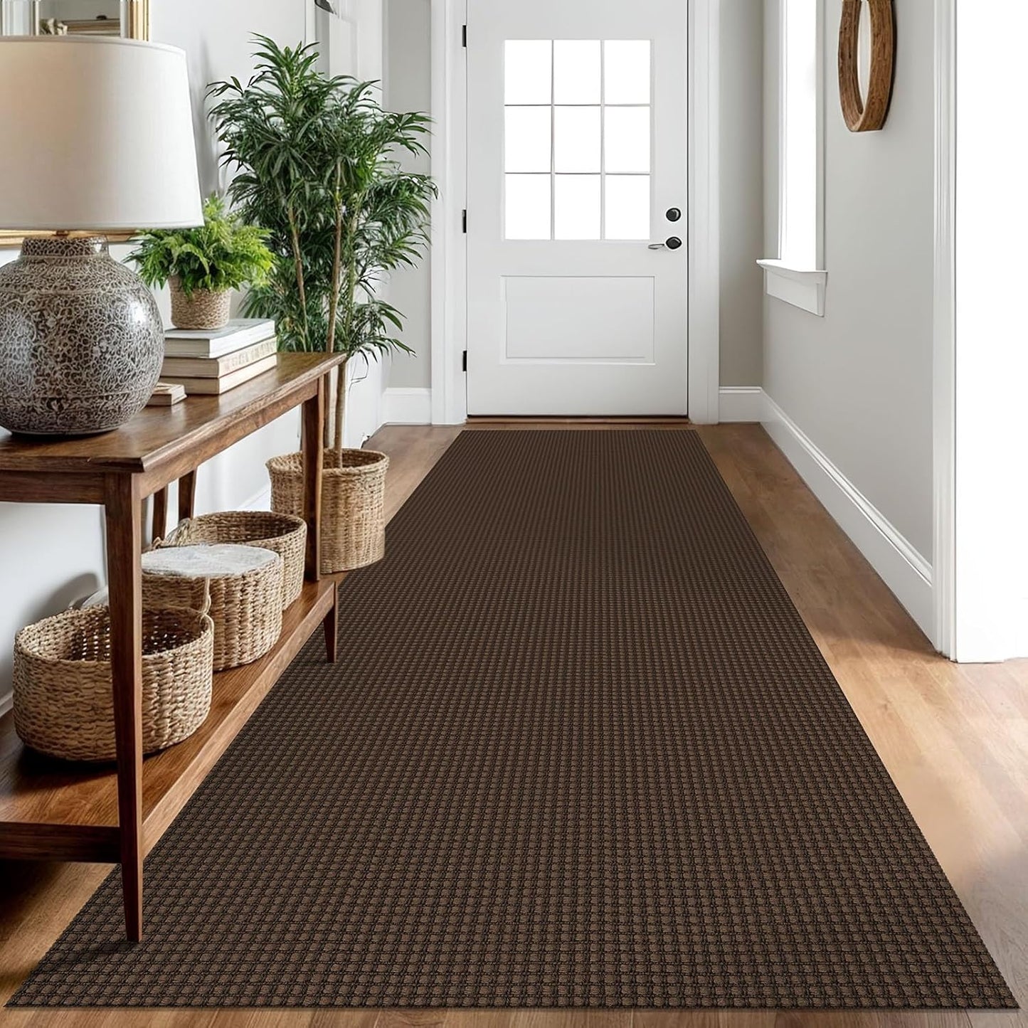 IOHOUZE Washable Runner Rug 3x10 Non Slip Rubber Backed Long Hallway Runner Entryway Runner Indoor, Kitchen Rugs Woven Cotton Floor Carpet for Hall Entrance, Brown