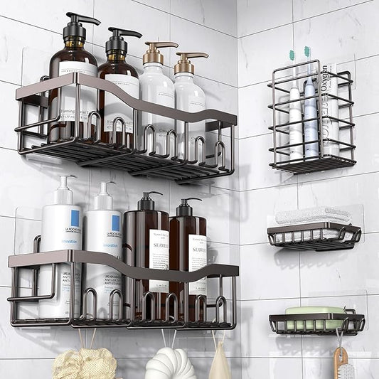 5-Pack Rustproof Stainless Steel Shower Caddy Set– No Drill Adhesive Bathroom Organizer, Space-Saving Shower Shelves for Apartment Essentials, Bathroom/Kitchen Storage Home Decor-L Size