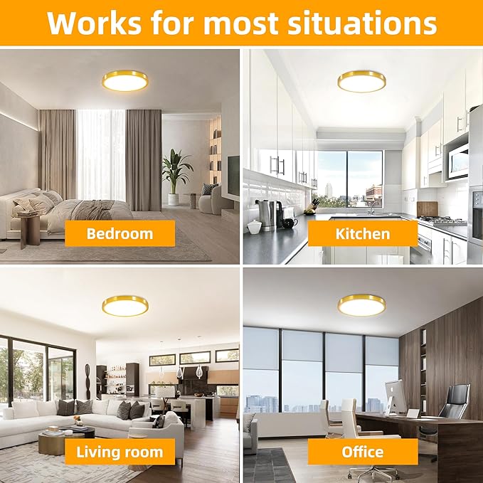 Hlite 4pack 12 inch Flush Mount LED Ceiling Light Fixture,24W 2400LM Super Slim Light Fixtures Ceiling Mount 3000K/4000K/5000K 3CCT Selectable,Ceiling Light Fixtures for Kitchen,Bedroom (Gold)