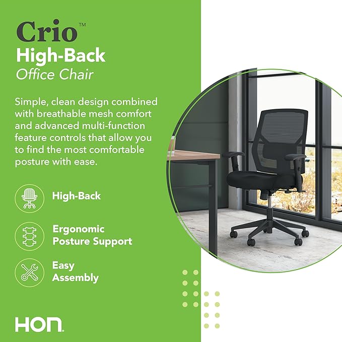 HON Crio High Back Task Chair, Ergonomic Office Chair with Adjustable Arms and Back Support, Lumbar Support, 360 Swivel, Adjustable Center-Tilt Recline, for Computers, Desks, Home Office, Black
