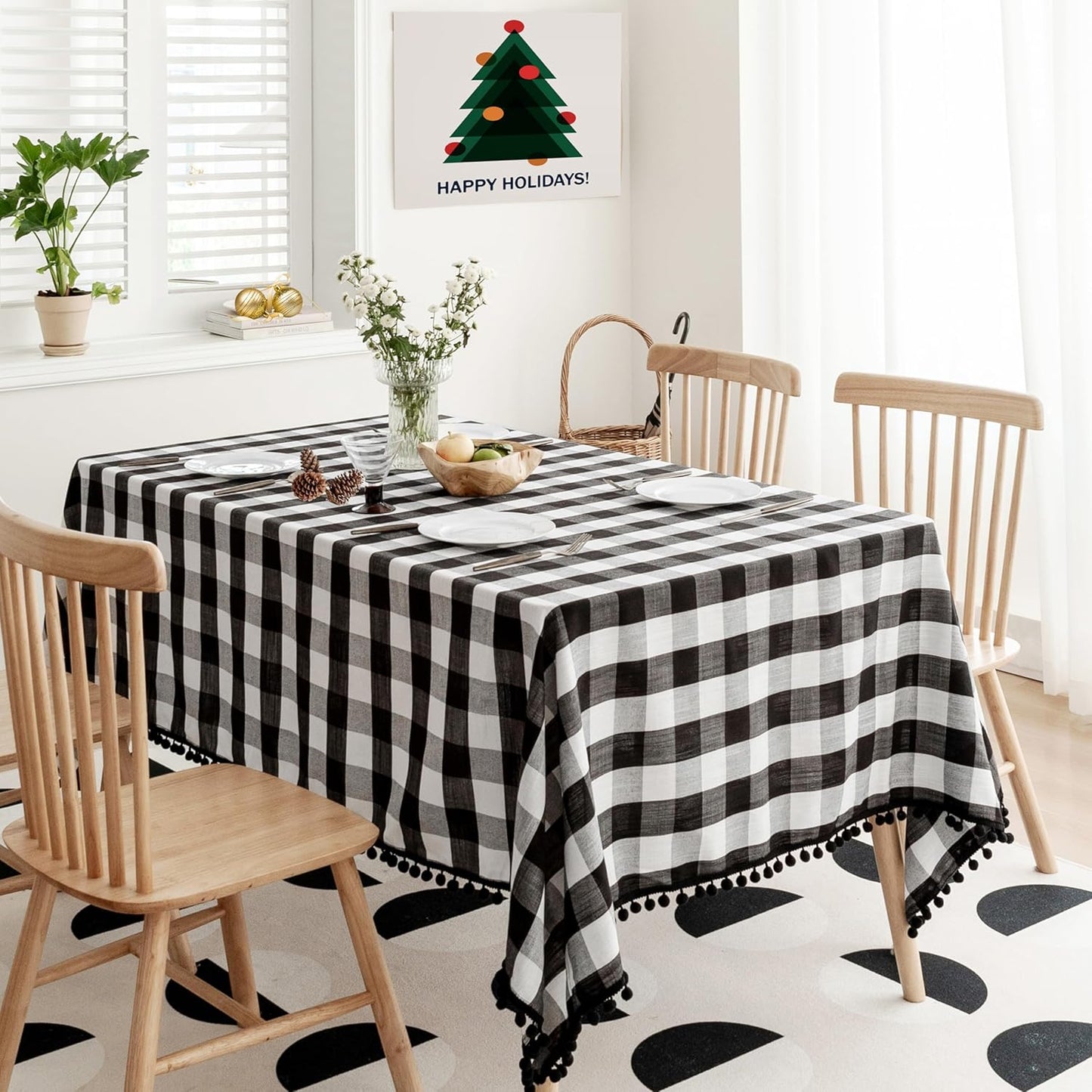 Jubilantex Black and White Square Buffalo Plaid Tablecloth Tablecloth with Tassel Rustic Linen Textured Farmhouse Table Cover for Kitchen Dining Table Top 54 x 54 inch