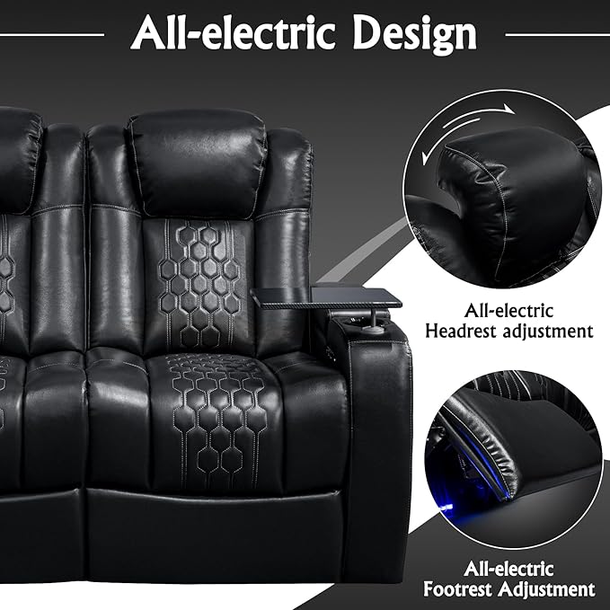 Home Theater Seating, Living Room, Powered Headrest, Powered Lumbar, Italian Leather, Powered Recline, Single Recliner (Black, Row of 4 Loveseat Right)