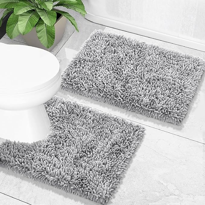Yimobra Toilet Rugs U Shaped Washable, Extra Thick Soft Absorbent Chenille Contour Bathroom Rugs for Toilet 24x20 Inch, Quick Dry Non Slip Toilet Mat for Bath Floor, Light Grey