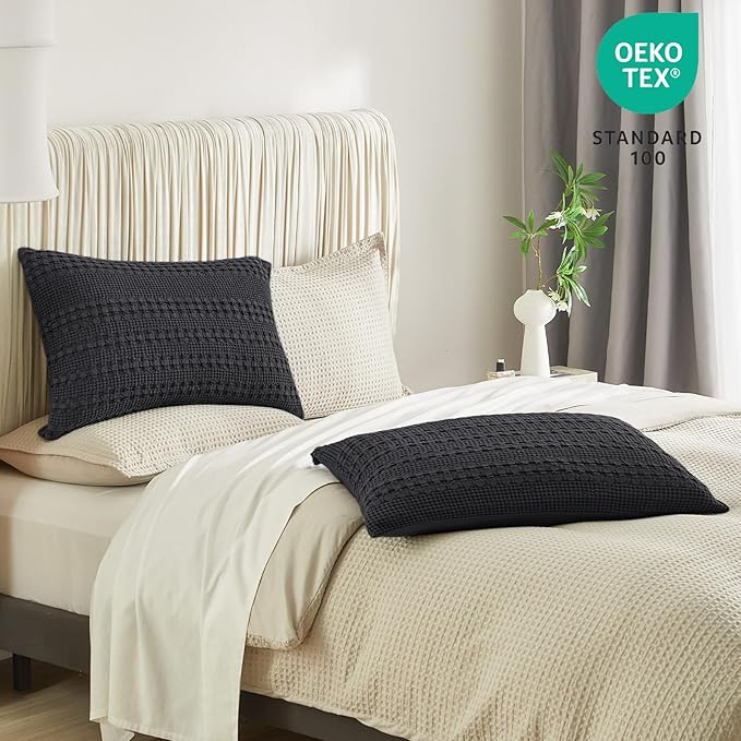 PHF 100% Cotton Waffle Pillow Shams Queen Size, 2 Pack 20" x 30" Soft Skin-Friendly Pillowcases, No Filling, Aesthetic Woven and Breathable Waffle Weave Pillow Case Covers for Bed, Black