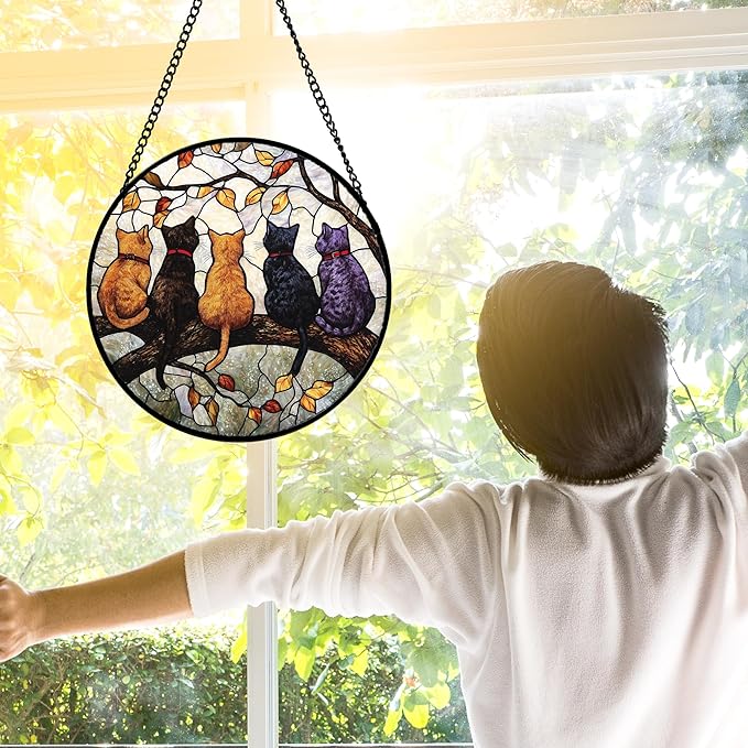 Stained Glass Window Hanging - 5 Cats on a Branch Suncatcher for Window Doors Home Decoration and Christmas, Mother's Day Father's Day Birthday Gifts for Women, Men, and Mom 11.8x11.8 in