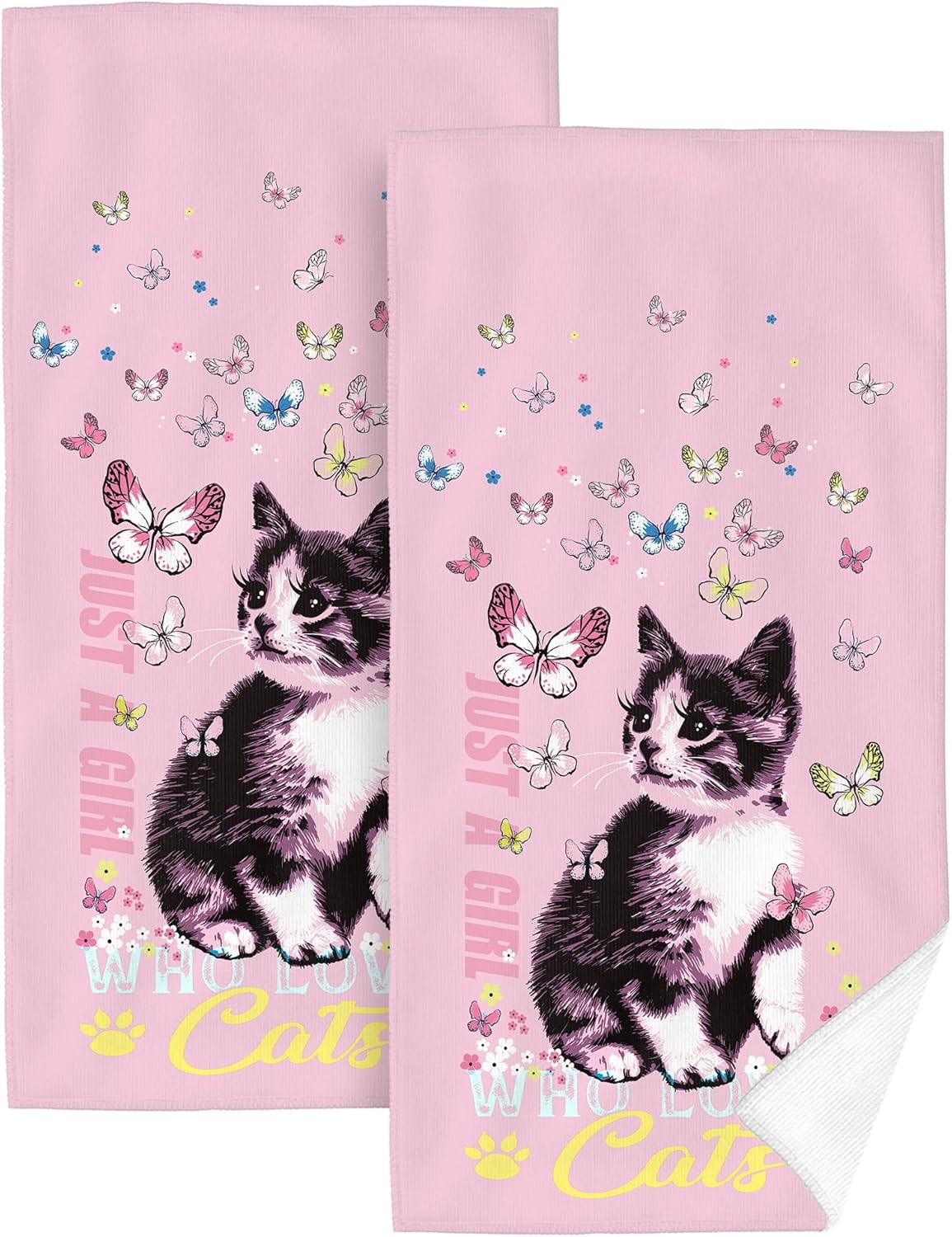 Cute Cat Decorative Bath Hand Towels Set of 2 Soft Absorbent Pink Bathroom Decorative Towels for Bathroom Farmhouse Beach Hotel Spa Gym Yoga Swim 14"x28"