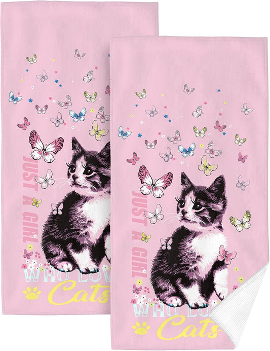 Cute Cat Decorative Bath Hand Towels Set of 2 Soft Absorbent Pink Bathroom Decorative Towels for Bathroom Farmhouse Beach Hotel Spa Gym Yoga Swim 14"x28"